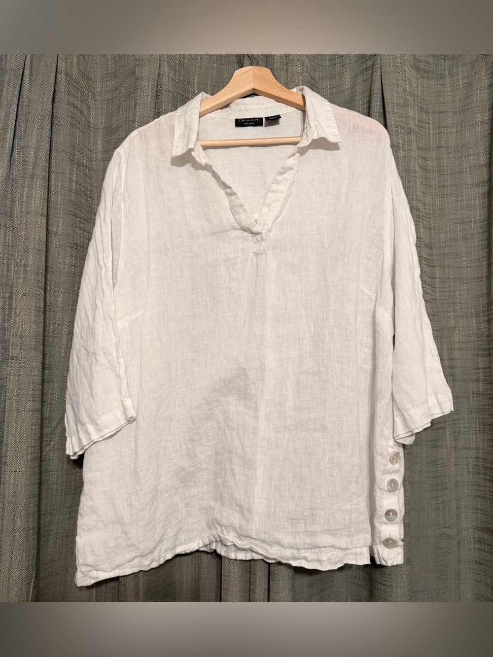 TAHARI White 100% Linen Collared 3/4 Sleeve Side Buttons Top Shirt Size 2X